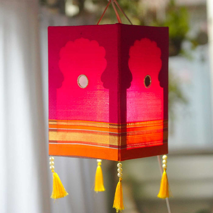 Handcrafted Traditional Foldable Pink Fabric Khun Akashkandil / Lantern With Drop Tassel For Festive Decor