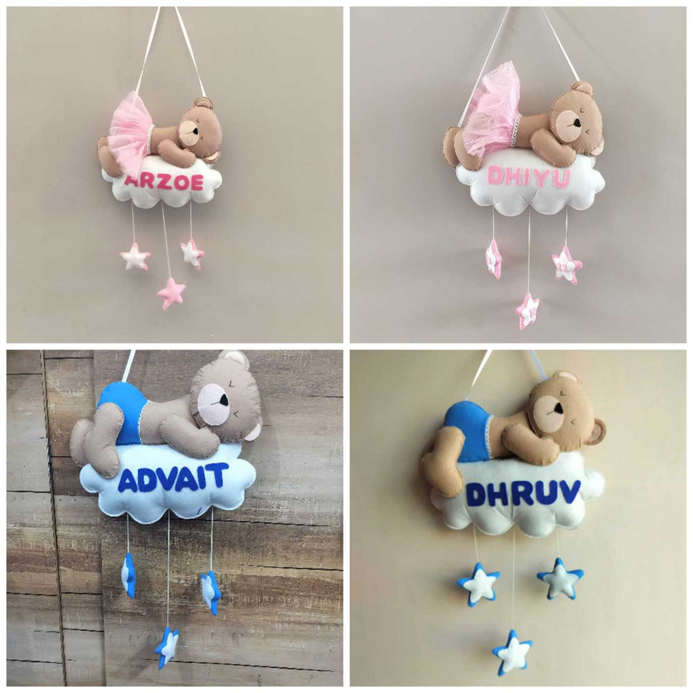 Personalized Teddy Theme Cloud Felt Name Plate For Kids - Hanging Personalization Examples Front View