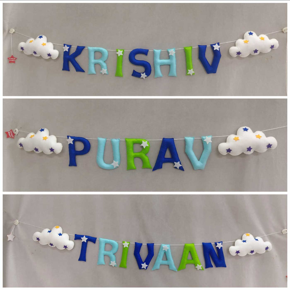 Handcrafted Personalized Cloud Themed Felt Bunting For Kids - Front View of Name Garland Variations