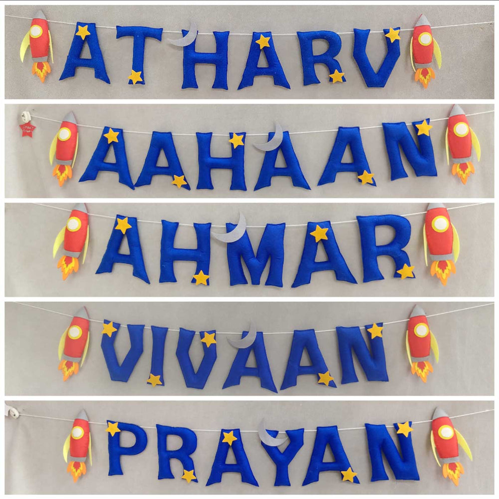 Handcrafted Personalized Spaceship Themed Felt Bunting For Kids - Multiple Name Personalization Examples Hanging