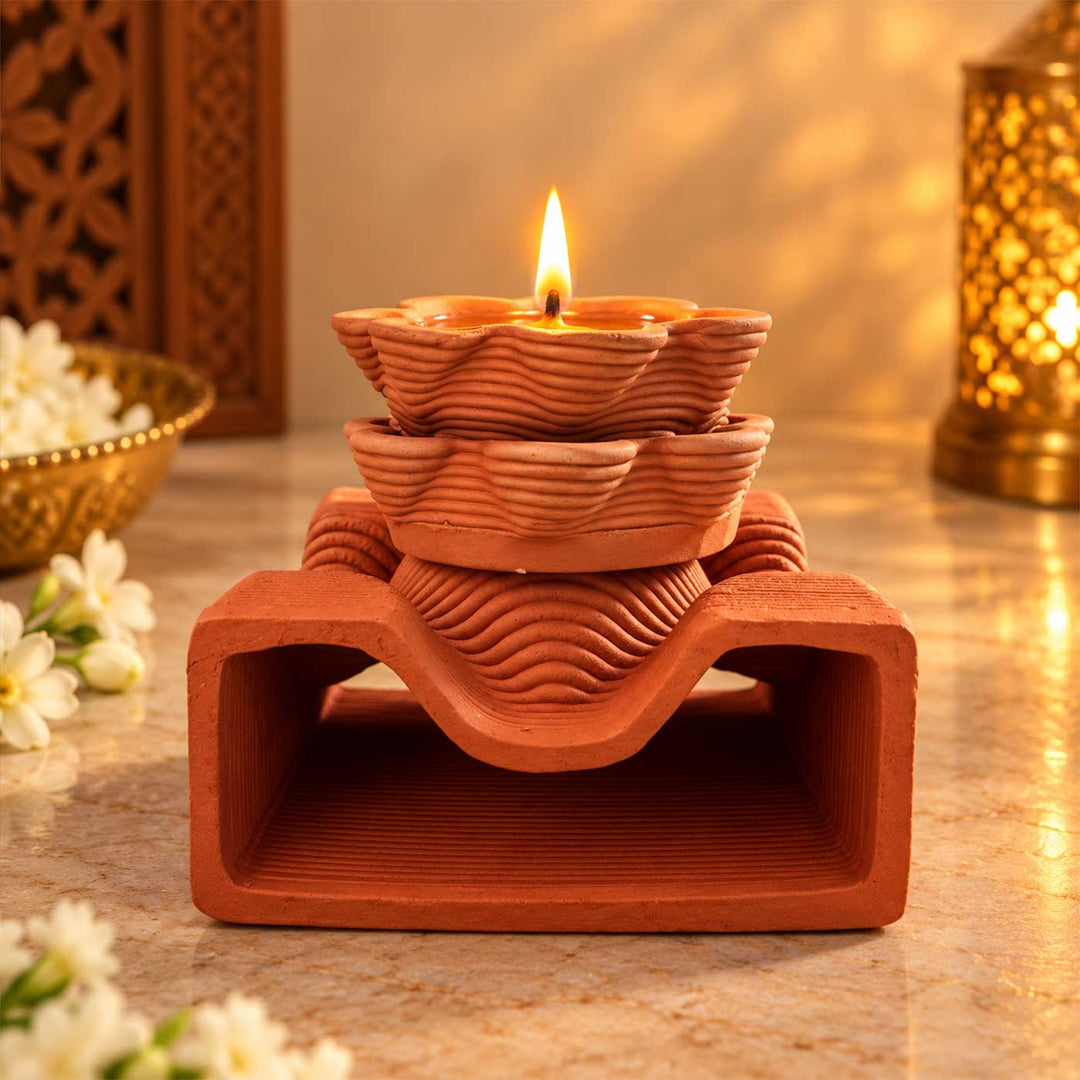 3D Printed Terracotta Tealight Diya With Base Stand For Festive Decor