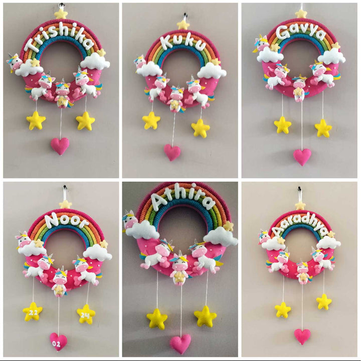 Personalized Rainbow And Unicorn Theme Round Felt Kids Nameplate - Name Personalization Example Front View