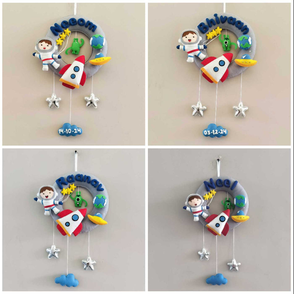 Personalized Astronaut Adventure Theme Round Felt Kids Nameplate - Name Personalization Examples Front View