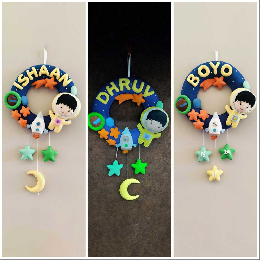 Personalized Space Voyager Theme Round Felt Kids Nameplate - Name Personalization Examples Hanging