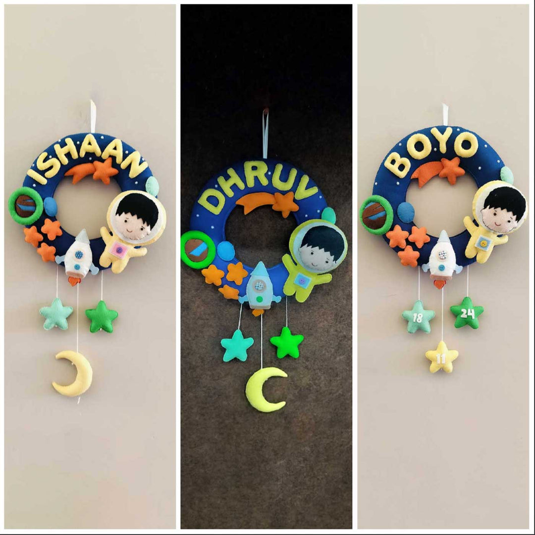 Personalized Space Voyager Theme Round Felt Kids Nameplate - Name Personalization Examples Hanging