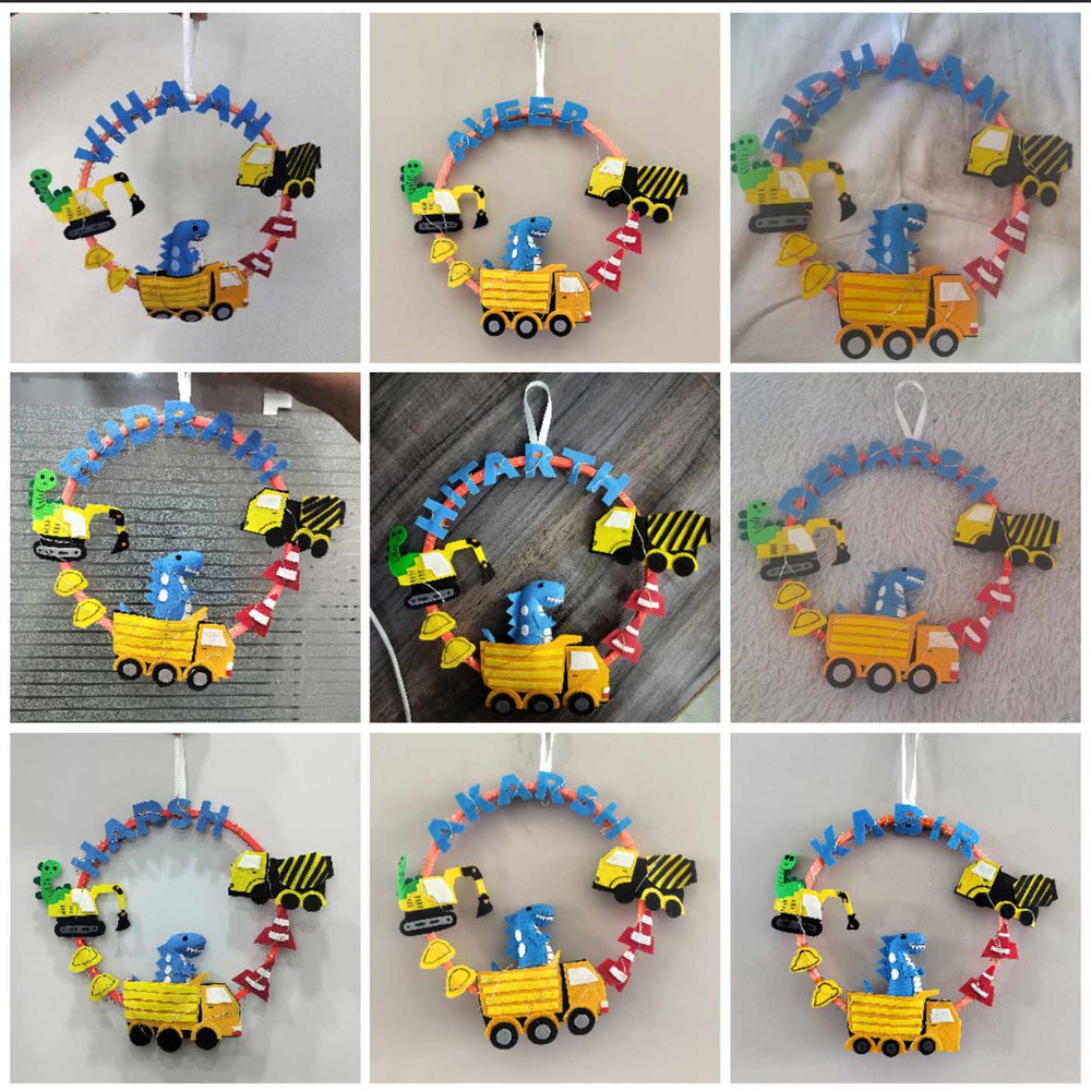 Personalized Kids Theme Felt Hoop Name Plate - Name Personalization Examples Hanging View