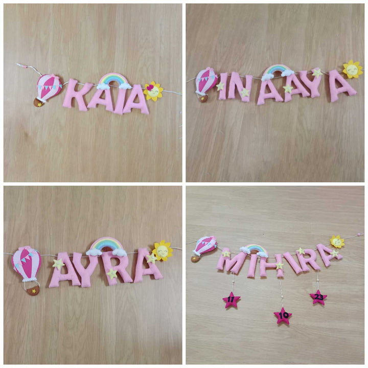 Hand Stitched Cute Hot Air Balloon Themed Felt Garland For Baby Girl - Name Personalization Example Multiple Angles