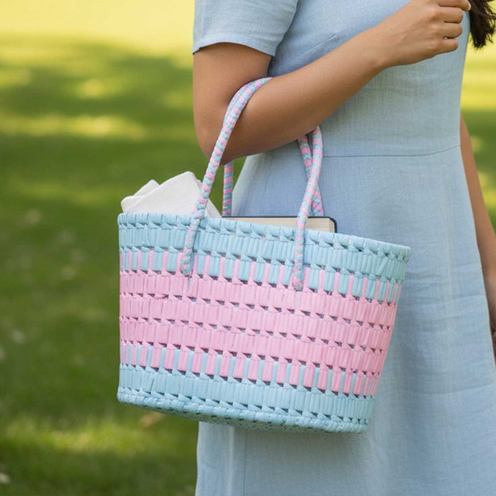 Handmade Traditional Plastic Tape Wire Pink And Light Blue Koodai Lunch Bag