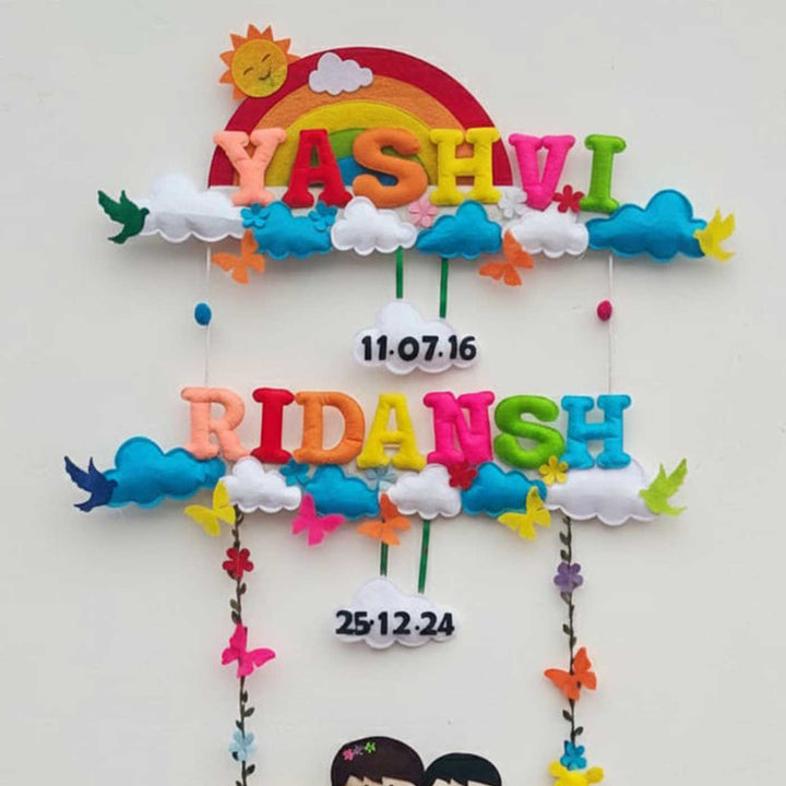 Personalized Rainbow & Jungle Theme Felt Kids Name Plate For Siblings