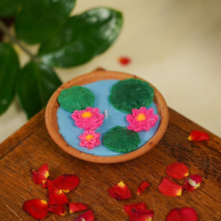 Handmade Lotus Pond Theme Soy Wax Terracotta Urli Diya