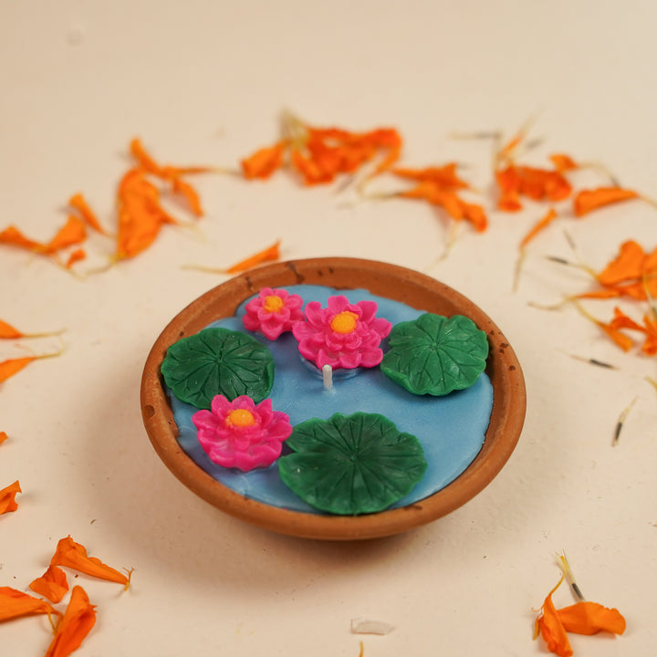 Handmade Lotus Pond Theme Soy Wax Terracotta Urli Diya