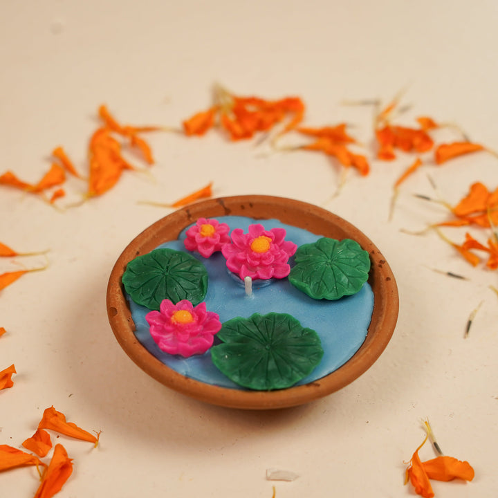 4 Pc | Handmade Lotus Pond Theme Soy Wax Terracotta Urli Diya