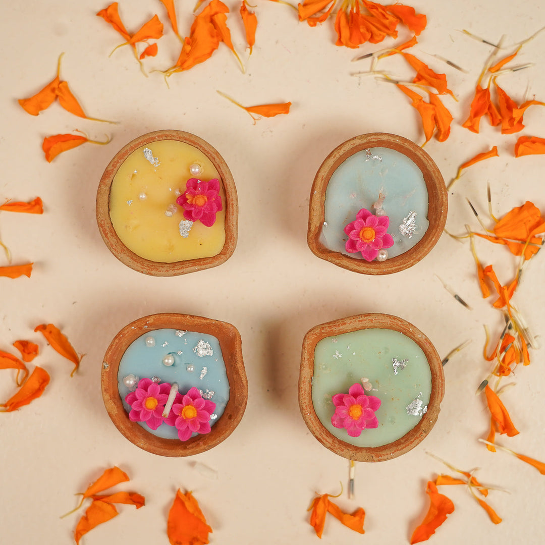 20 Pc | Handmade Multicolor Floral Soy Wax Terracotta Diyas