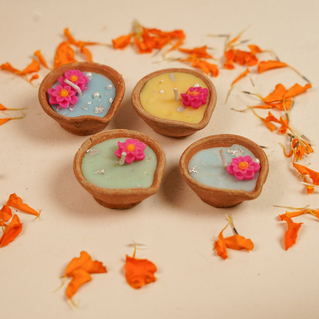 Handmade Multicolor Floral Soy Wax Terracotta Diyas | Set Of 4