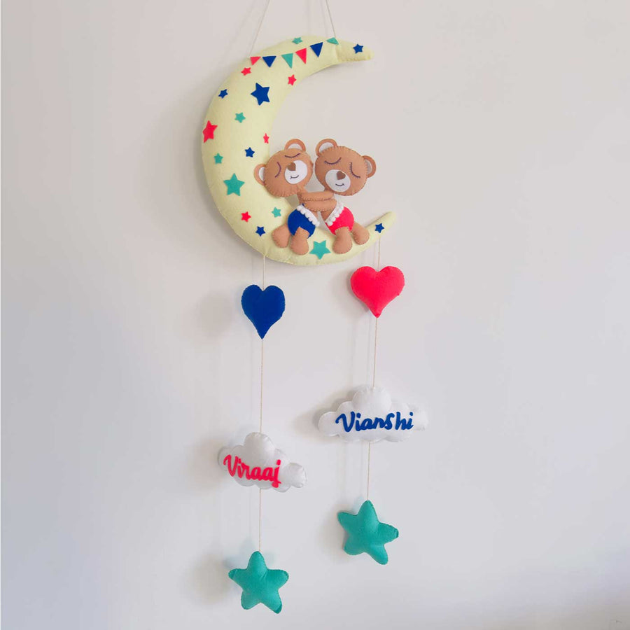 Personalized Handmade Yellow Moon Felt Name Plate For Siblings - Hanging Mobile with Name Personalization