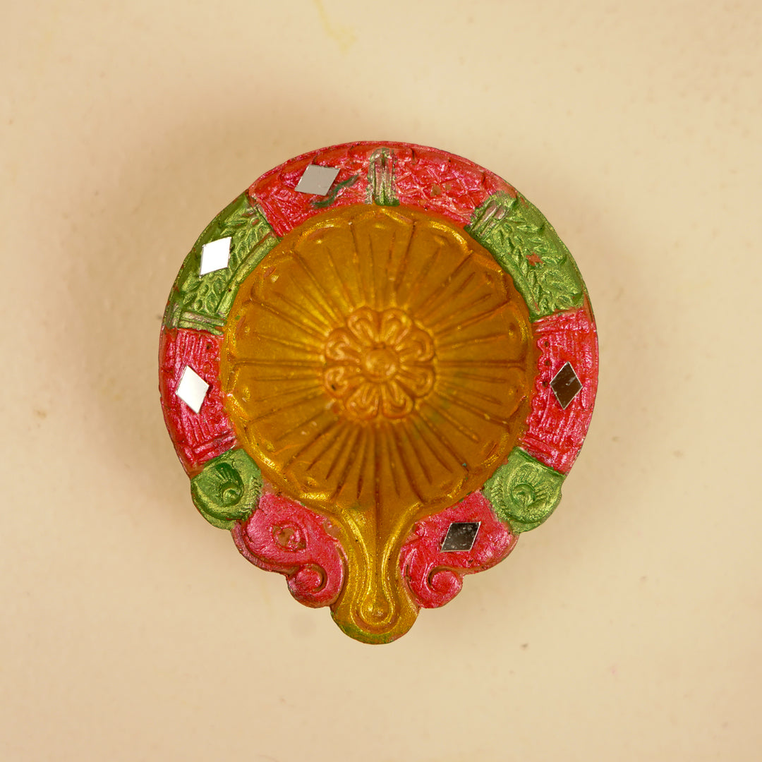 Hand-painted Mirror Work Terracotta Oil Lamp / Diya | Set Of 4