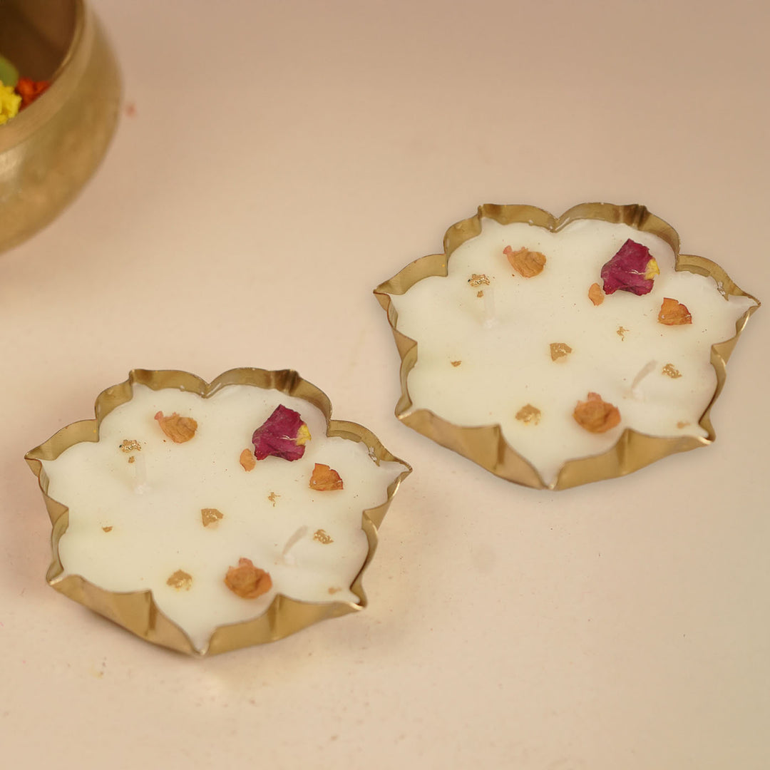 4 Inch | Handmade Floral Soy Wax Brass Urli Diya | Set Of 2