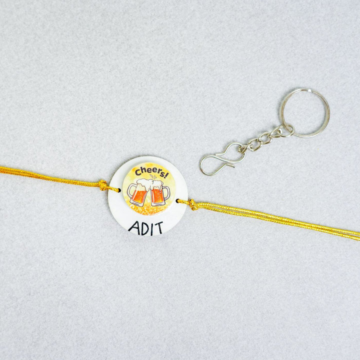 Handmade Personalized Clay Rakhi Keychain With Roli Chawal 1 - Close-up with Keychain Attachment