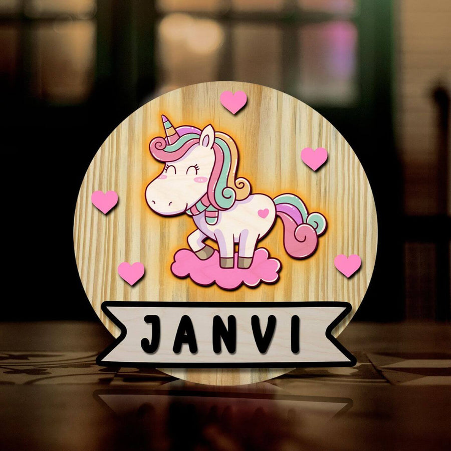 Kids Circular 3D Unicorn Themed Name Plate With Lights - Name Personalization Example Front View