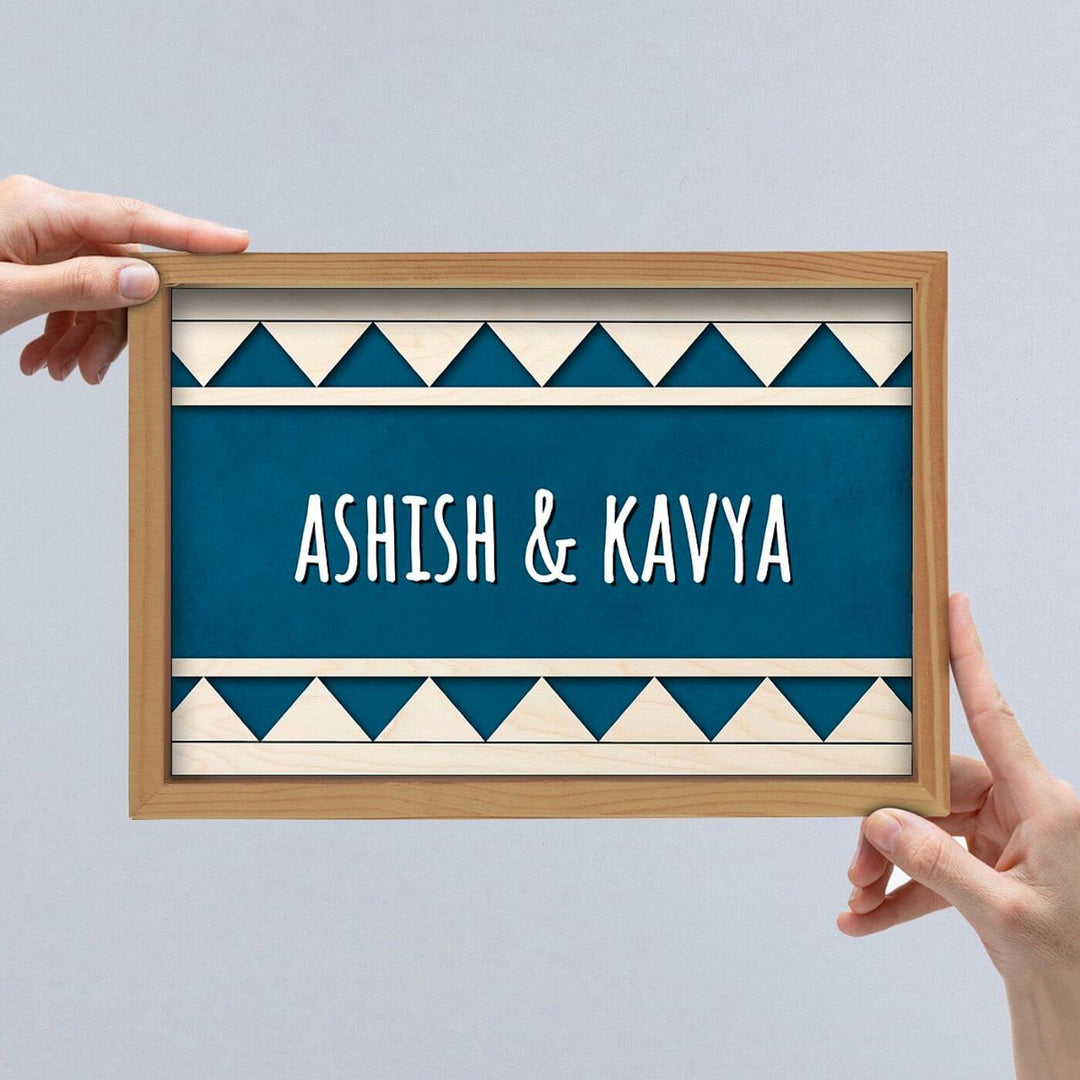 Wooden Personalized Framed Couples Nameplate - Held by Two Hands Front View