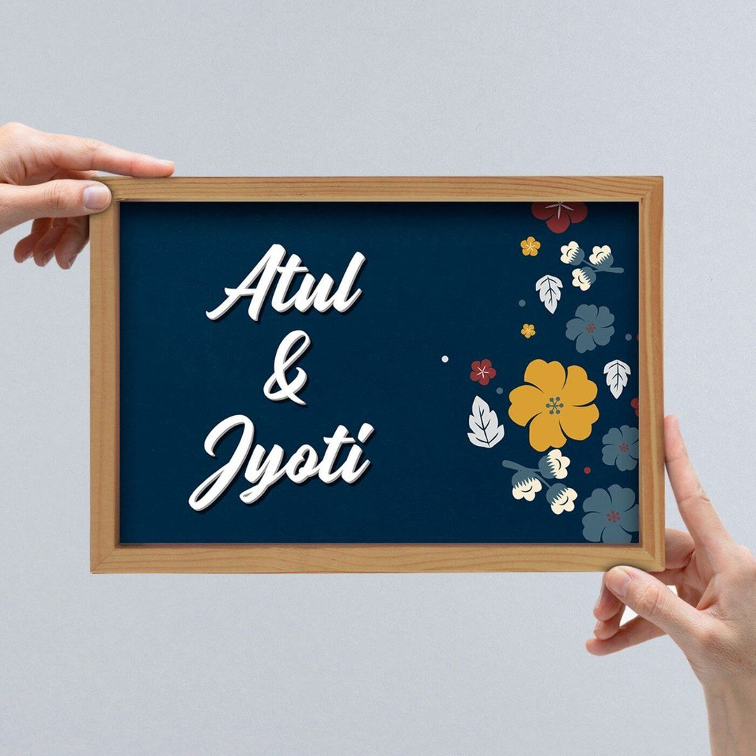 Wooden Personalized Framed Name Plate For Couples - Front View Held by Hands