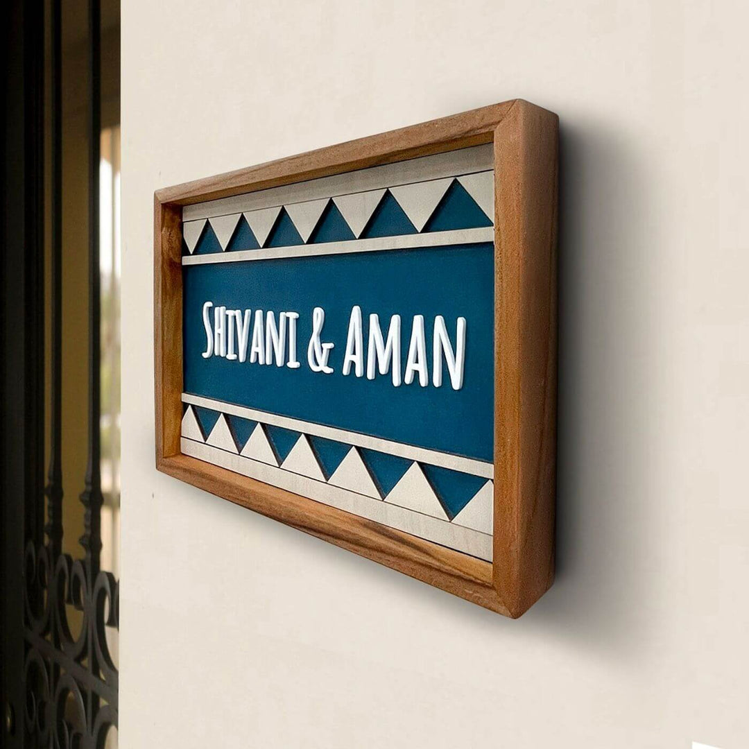 Wooden Personalized Framed Name Plate For Couples 1 - Side View Mounted on Wall