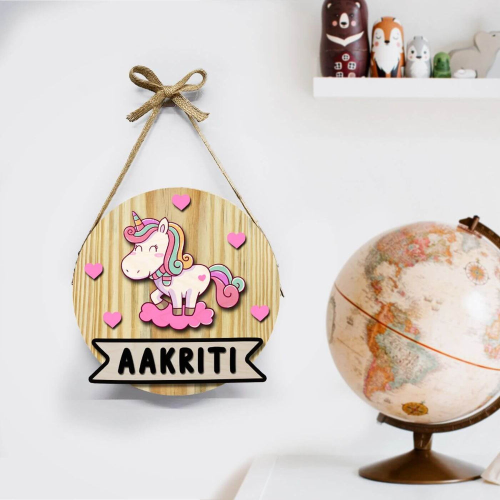 Kids Circular 3D Unicorn Themed Name Plate With Lights - Hanging on Wall with Rope Bow
