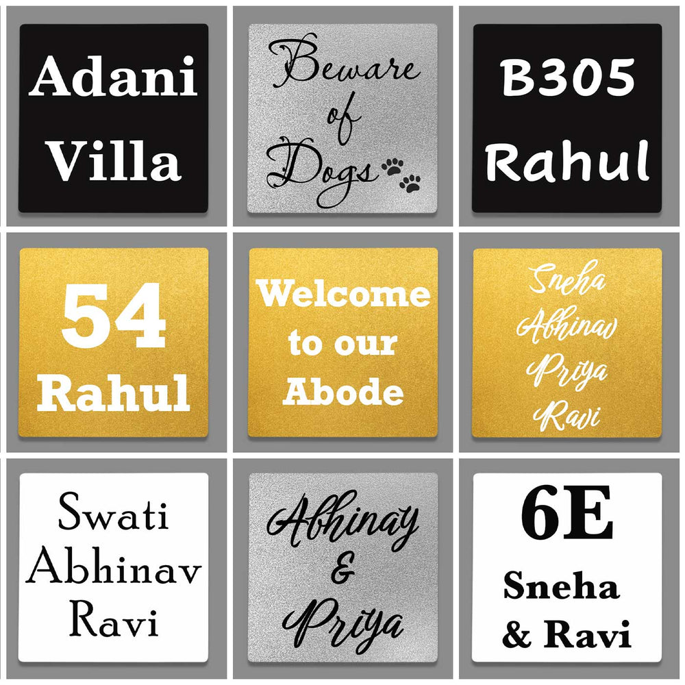 Personalized Weatherproof Square Laser Cut Stainless Steel Name Plate - Grid Layout Showing Name Examples