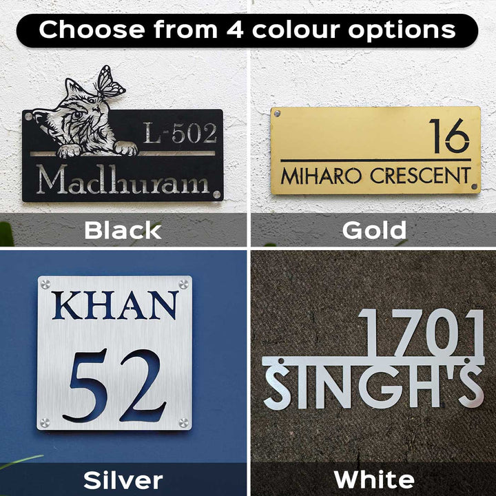 Personalized Krishna Weatherproof Name Plate With House Number - Four Color Options Displayed Side-by-Side