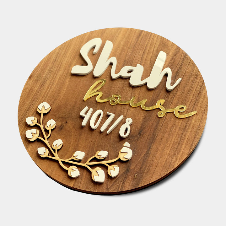 Personalised Wooden Round Floral Nameplate 1 - Flat Lay Showing Text and Decoration