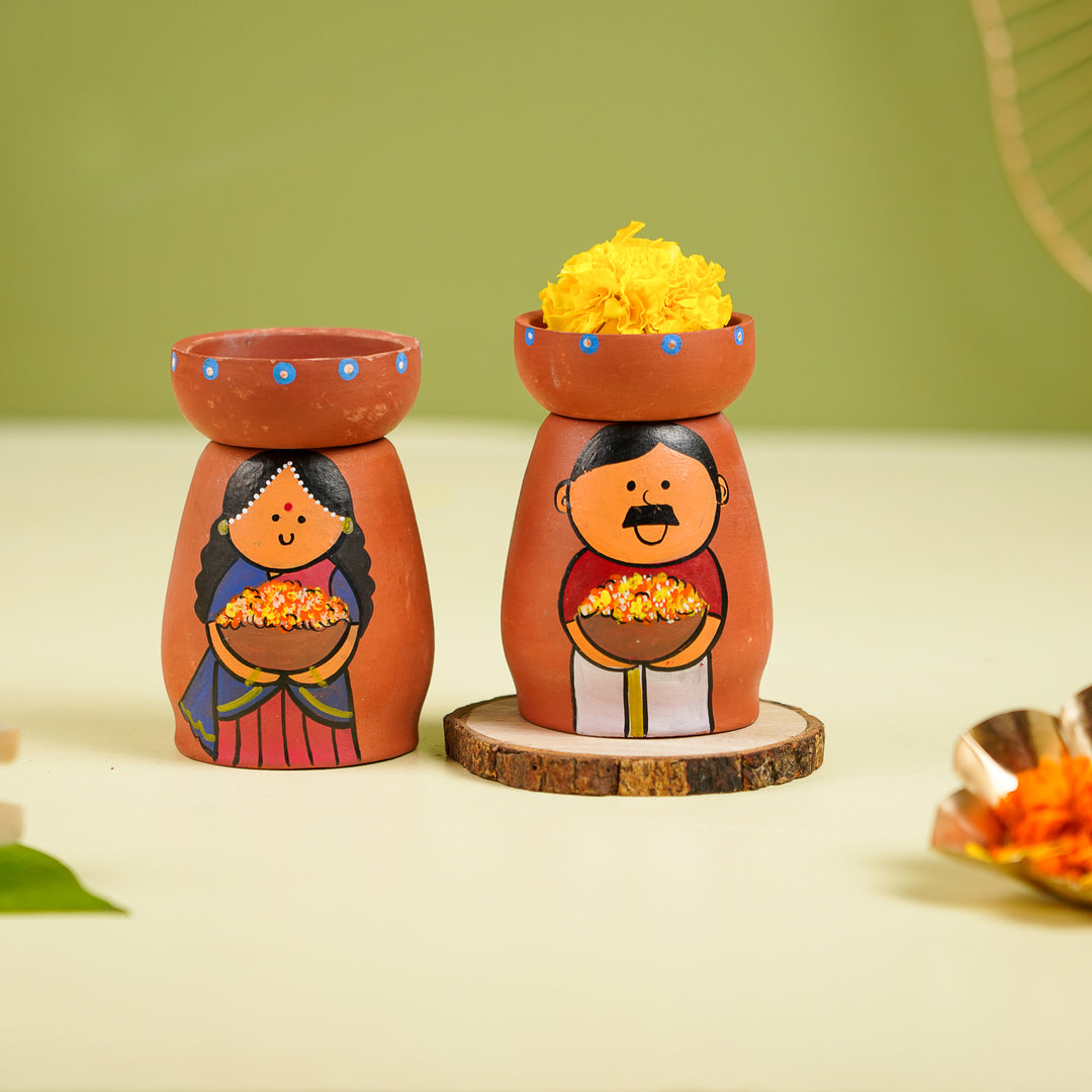 Hand-Painted Phool Wala Theme Terracotta Tealight Holder | Set Of 2