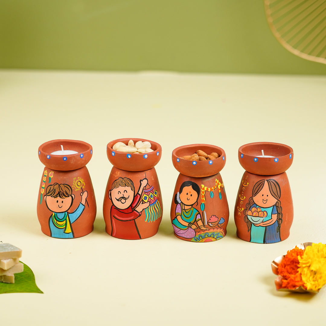 Diwali Scene Hand-Painted Terracotta Tealight Holder | Set Of 4