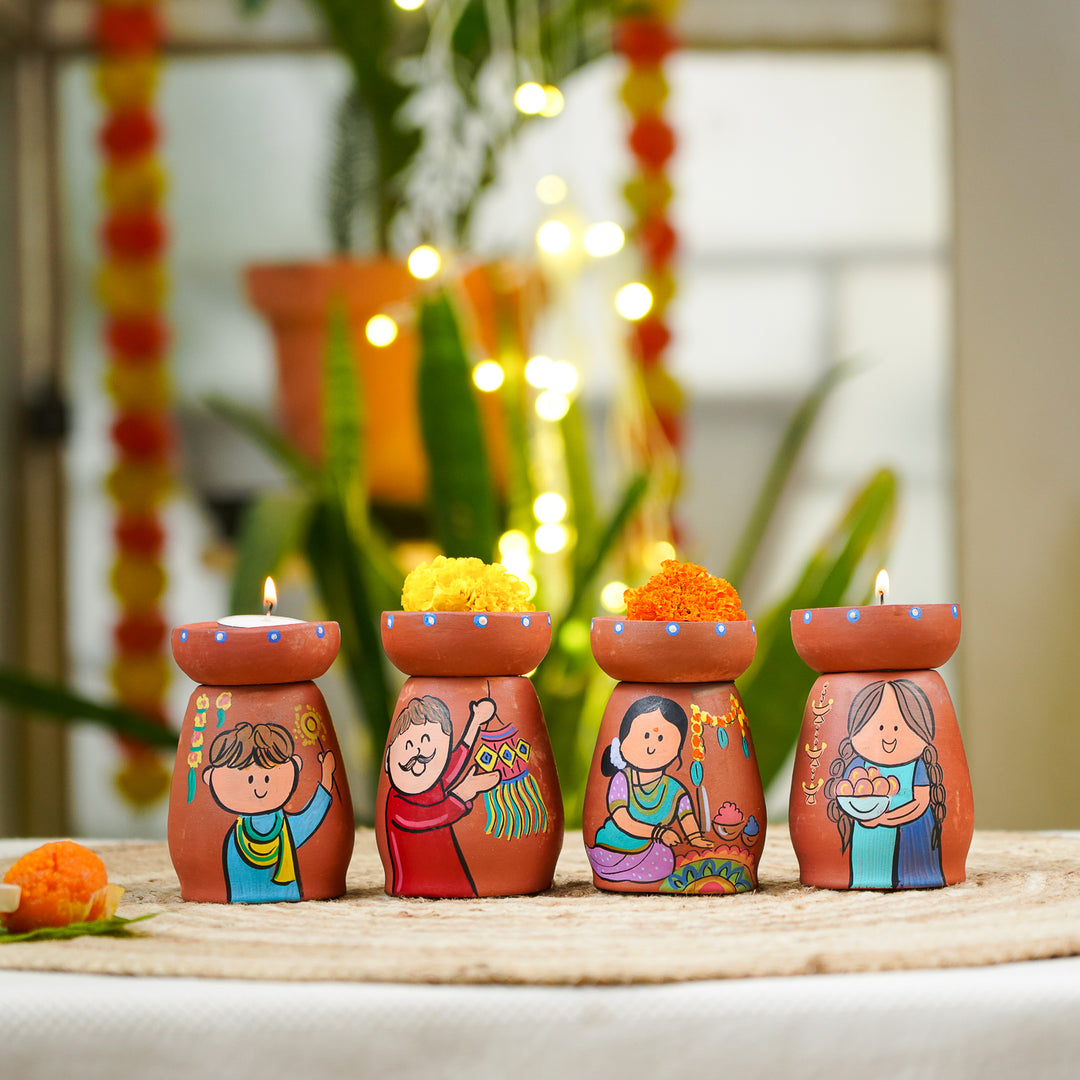 Diwali Scene Hand-Painted Terracotta Tealight Holder | Set Of 4