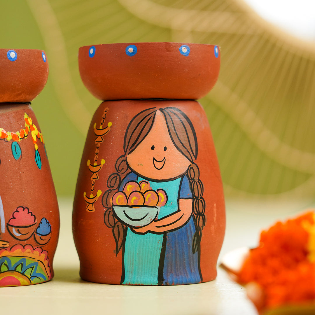 Diwali Scene Hand-Painted Terracotta Tealight Holder | Set Of 4