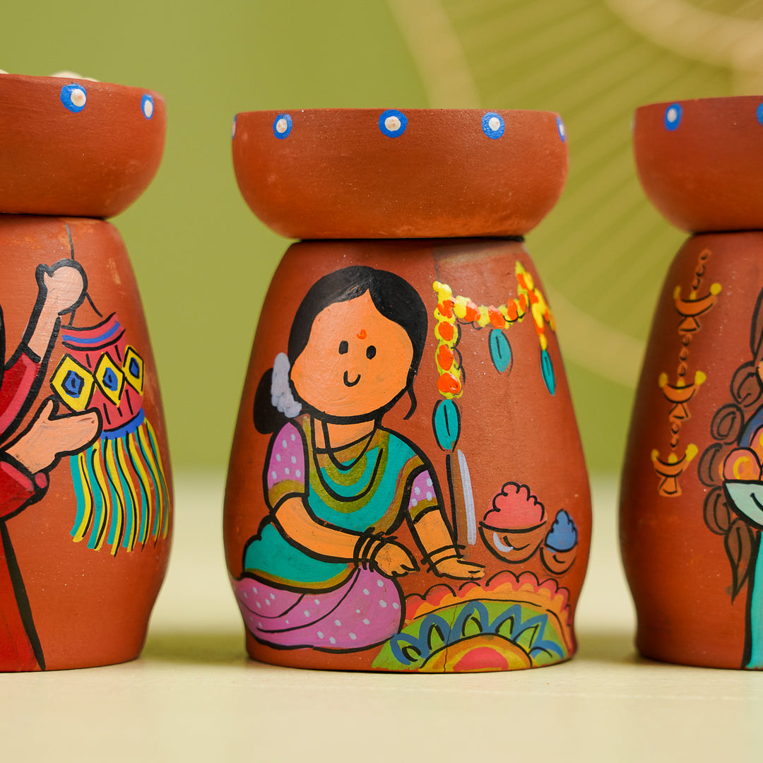 Diwali Scene Hand-Painted Terracotta Tealight Holder | Set Of 4