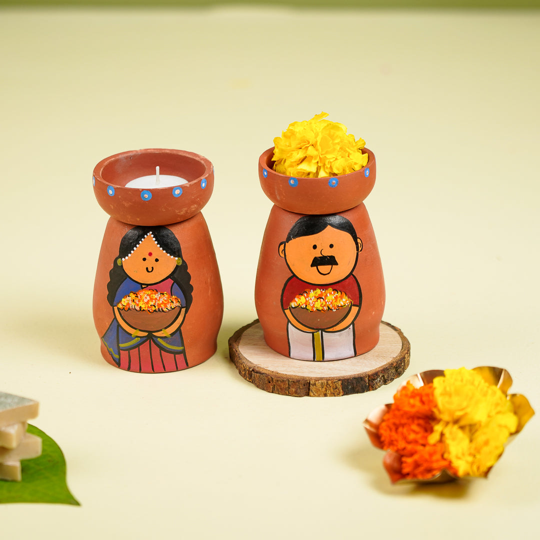 Hand-Painted Phool Wala Theme Terracotta Tealight Holder | Set Of 2