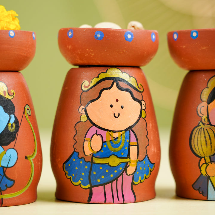 Hand-Painted Ramayan Scene Theme Terracotta Tealight Holder | Set Of 4