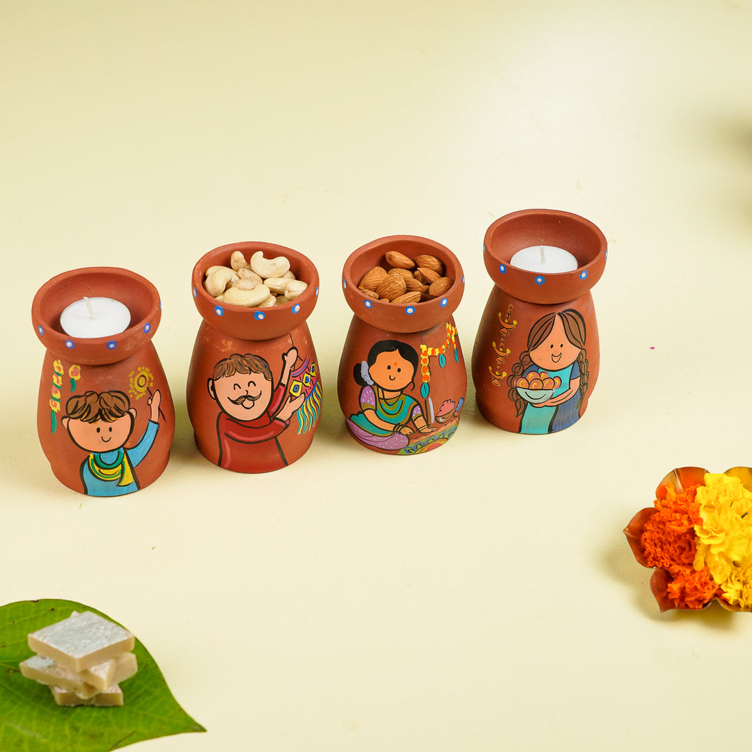 Diwali Scene Hand-Painted Terracotta Tealight Holder | Set Of 4