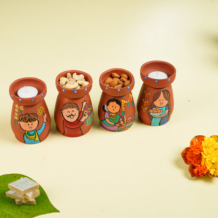 Diwali Scene Hand-Painted Terracotta Tealight Holder | Set Of 4