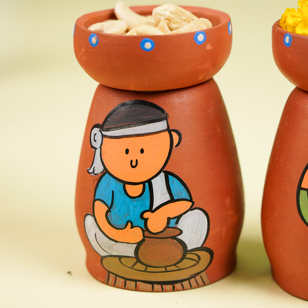 Hand-Painted Village Scene Theme Terracotta Tealight Holder | Set Of 6