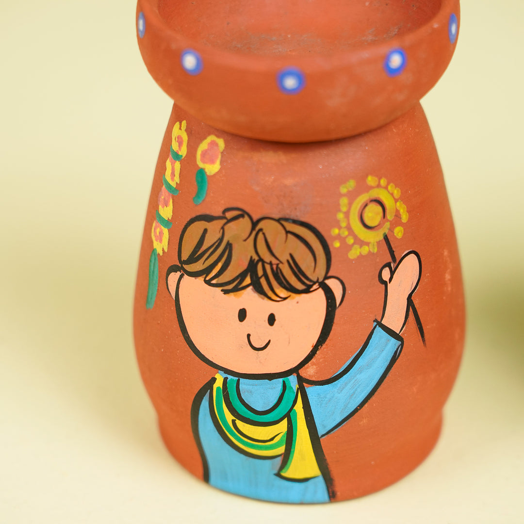 Diwali Scene Hand-Painted Terracotta Tealight Holder | Set Of 4