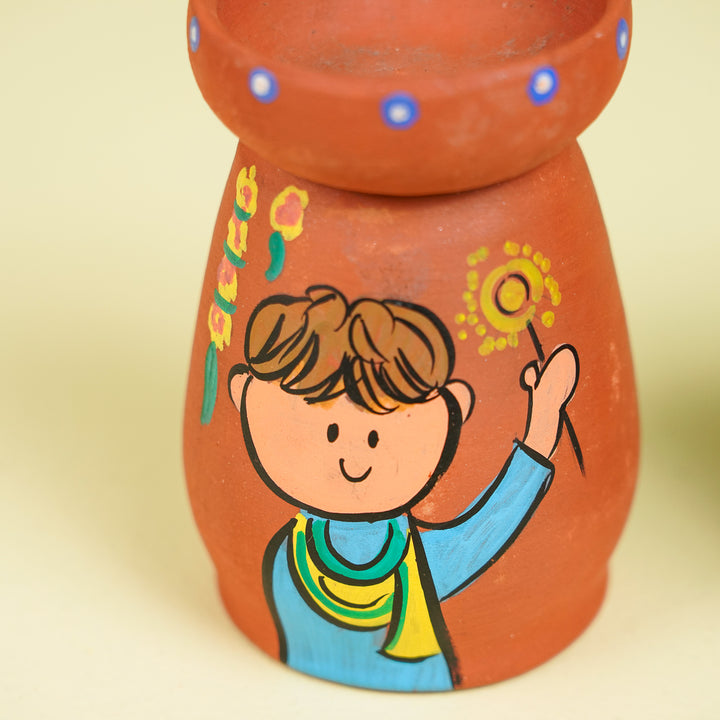 Diwali Scene Hand-Painted Terracotta Tealight Holder | Set Of 4