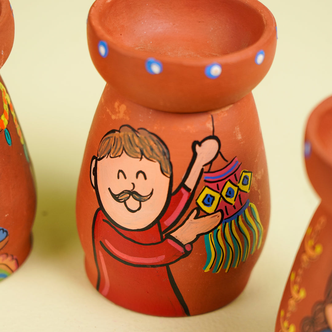 Diwali Scene Hand-Painted Terracotta Tealight Holder | Set Of 4