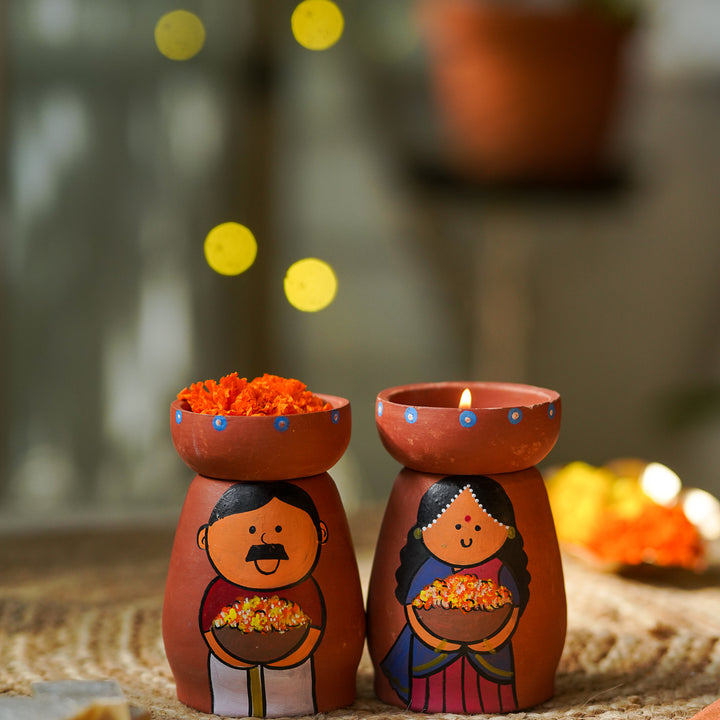 Hand-Painted Phool Wala Theme Terracotta Tealight Holder | Set Of 2