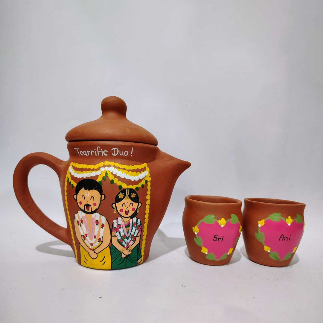 Handpainted Clay Teaset With Photo Based Caricature For Couples