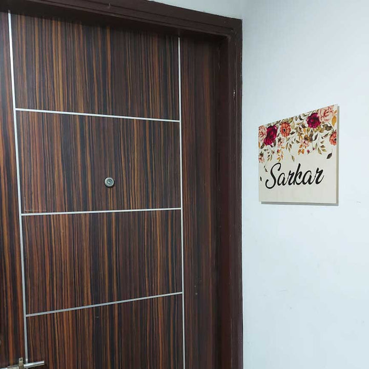 Printed Floret Wooden Rectangle Nameplate - Mounted on Entryway Wall