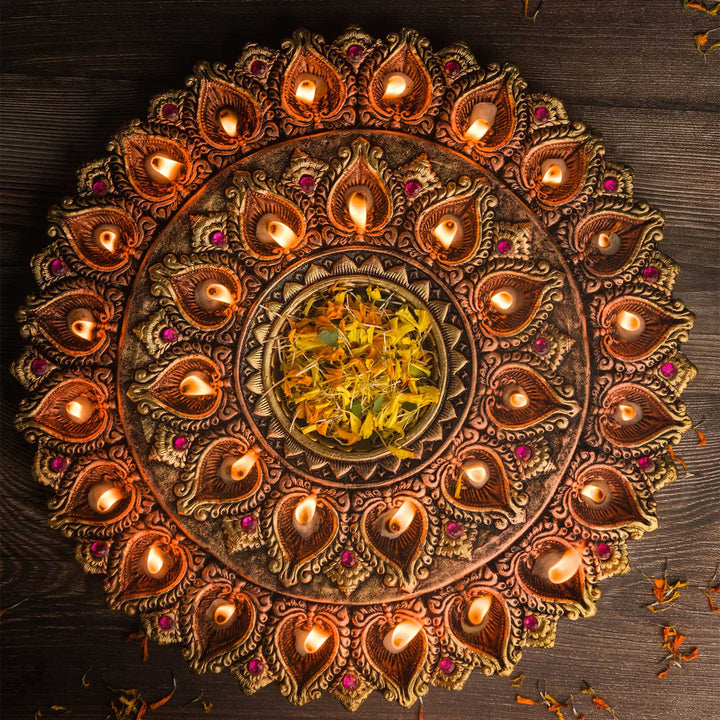 Handmade Large Decorative 31 Terracotta Diya & Urli Platter | 16 inch