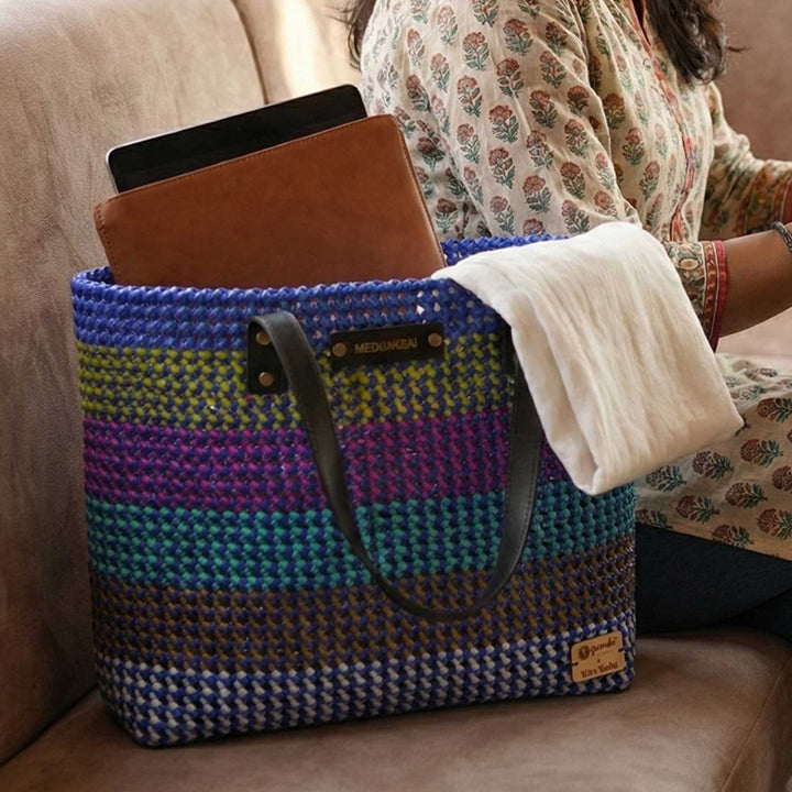 Peacock Blue Horizontal Stripes Handmade Wire Koodai Tote Bag