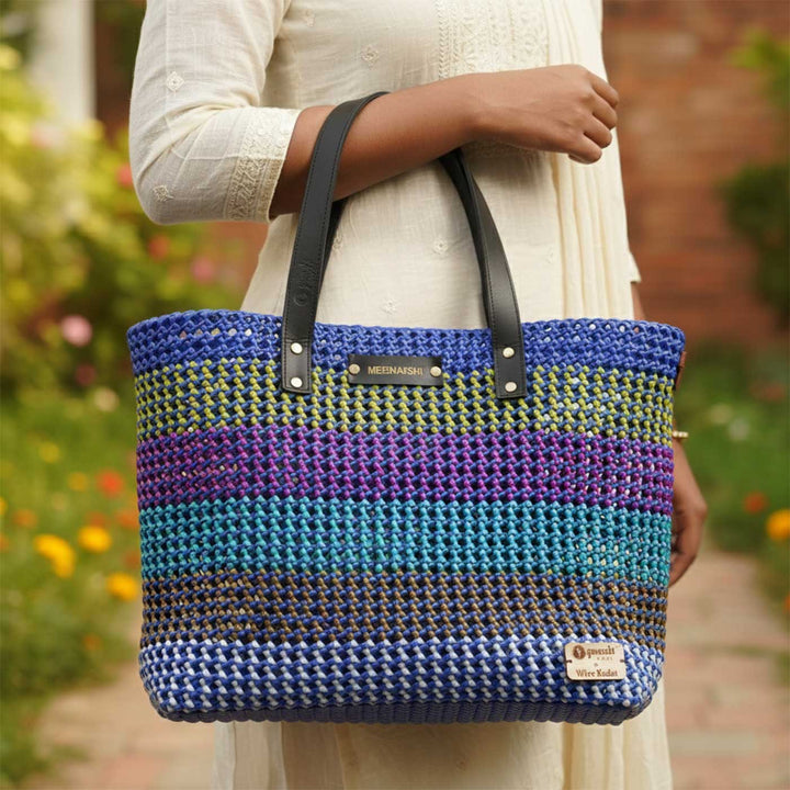 Peacock Blue Horizontal Stripes Handmade Wire Koodai Tote Bag