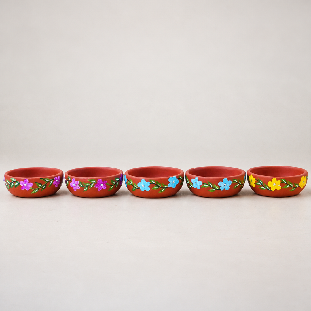 16 Pc | Hand-Painted Phoolwari Floral Vine Terracotta Tealight Holders With Tealights For Festive Decor